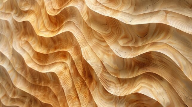 Carved wooden texture in wave patterns. Close-up photo of wood carving.