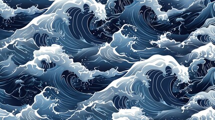 seamless pattern of ocean waves in the style of traditional Japanese art