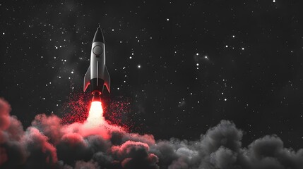 Space rocket takes off into space on a mission. Rocket concept taking off from the moon, starting to enter space to return to Earth.