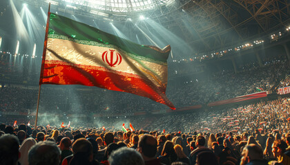 The big flag of Great Iran in the hands of the spectators in the football stadium,generative ai