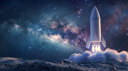 Obraz premium Space rocket takes off into space on a mission. Rocket concept taking off from the moon, starting to enter space to return to Earth.