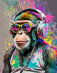 A monkey wearing sunglasses and headphone ,graffiti art , holding an umbrella leaning agains