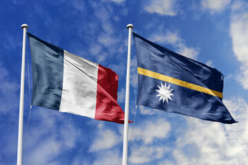 3d illustration. France and Nauru Flag waving in sky. High detailed waving flag. 3D render. Waving in sky. Flags fluttered in the cloudy sky.
