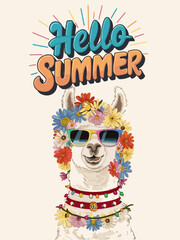 Fototapeta premium A colorful llama wearing sunglasses and flowers on its head with the words 