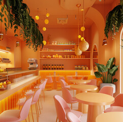 chairs fuchsia color, luxury restaurant with modern chairs, pink chairs, orange walls