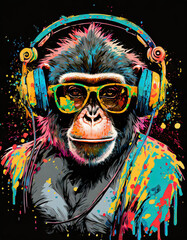 A monkey wearing sunglasses and headphone ,graffiti art , holding an umbrella leaning agains