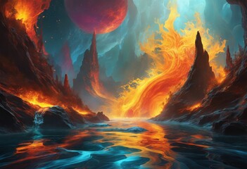illustration, dynamic representation fire engulfing water ebbing away passage time surreal landscape, Dynamic, Representation, Fire, Engulfing, Water