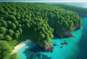 illustration, aerial perspective lush green forest meeting tranquil blue highlighting natural intersection land water, Aerial, Perspective, Lush