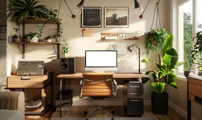 Home office by the window with plants and computer white mockup screen