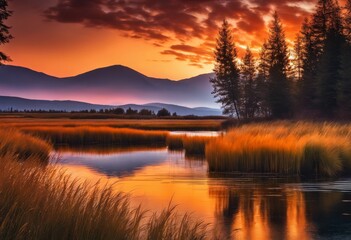 illustration, serene landscape where flames gently kiss surface under watchful eye passing time, Landscape, Flames, Gently, Kiss, Water, Flame, Land