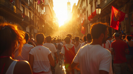 San Fermín Festival in the afternoon, the afternoon sun radiates to beautify the busy street action, Ai Generated Images