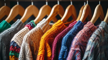 Colorful Assortment of Knit Sweaters on Wooden Hangers