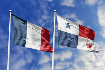 3d illustration. France and  Panama Flag waving in sky. High detailed waving flag. 3D render. Waving in sky. Flags fluttered in the cloudy sky.