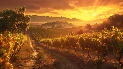 As the sun dips below hills adorned with rows of maturing grapes along the meandering vineyard path