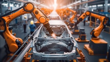 Robotic arms assemble a car on a factory line with a worker overseeing the process. Created with Generative AI