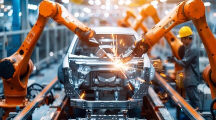 Industrial robots welding on an automotive assembly line with a worker overseeing the process. Created with Generative AI