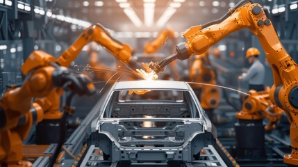 Robotic arms welding in a car factory assembly line with workers in the background. Created with Generative AI
