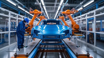 Worker oversees robots assembling a car in a modern automotive factory. Created with Generative AI