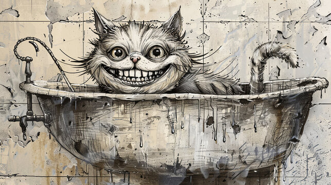 Big cat  in a vintage bathtub smiles broadly. Surreal art with weird animal.