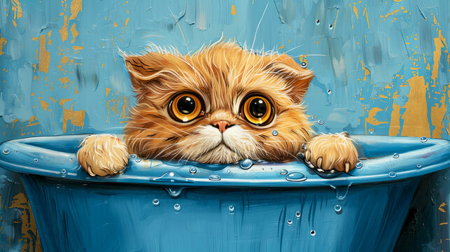 Fluffy cute cat and in a vintage bathtub smiles broadly. Surreal art with weird animal.