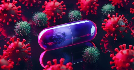 The medicine capsules are working to fight the virus. Difficult concept of fighting viruses.