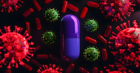 The medicine capsules are working to fight the virus. Difficult concept of fighting viruses.