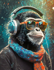 A monkey wearing sunglasses and headphone ,graffiti art , holding an umbrella leaning agains