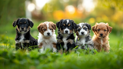 Group of Puppies Sitting on Lush Green Field