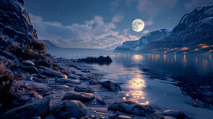 Rocky seashore, sea, stars and moon lights. Mystery night landscape.