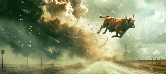 A wild bull hovering over the road in a surreal photo. Animal freedom feeling. Panorama
