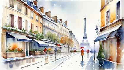 Fototapeta premium Watercolor illustration of a snowy Parisian street near the Eiffel Tower in winter, ideal for Christmas or travel-related themes