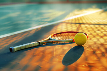 Ball, racket on the tennis court. Sports banner. Healthy lifestyle concept.