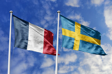 3d illustration. France and Sweden Flag waving in sky. High detailed waving flag. 3D render. Waving...