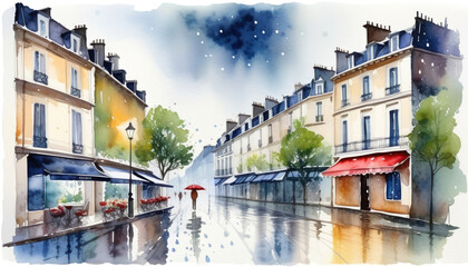 Obraz premium Watercolor illustration of a person with a red umbrella walking down a rainy Parisian street lined with classic buildings, reflecting the romantic ambiance of April in Paris