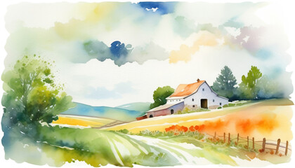 Idyllic watercolor countryside landscape with rolling hills and farmhouse, evoking rural tranquility and agrarian lifestyle, suitable for Earth Day and bucolic themes