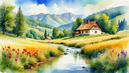 Fototapeta premium Idyllic watercolor landscape with a rustic cottage, flowering meadows, and mountain backdrop, ideal for spring and summer vacation concepts