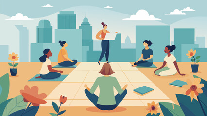 A rooftop yoga class surrounded by blooming flowers and the gentle buzzing of bees with the instructor talking about the importance of urban - obrazy, fototapety, plakaty