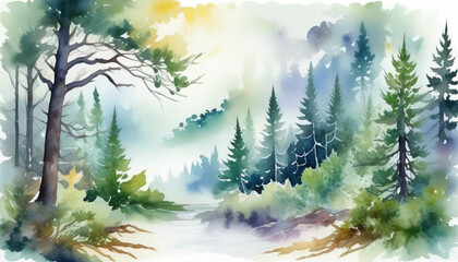 Watercolor illustration of a misty evergreen forest panorama, ideal for Earth Day promotions and serene nature-themed creative projects - obrazy, fototapety, plakaty