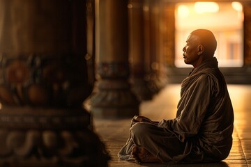 Fototapeta premium A monk in a robe is sitting in holy places