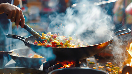 In a vibrant marketplace, a skilled chef effortlessly tosses a vibrant array of vegetables in a hot wok. - obrazy, fototapety, plakaty