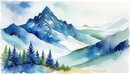 Watercolor painting of serene snow-covered mountains with evergreen trees, ideal for winter holiday themes and nature-inspired creative projects