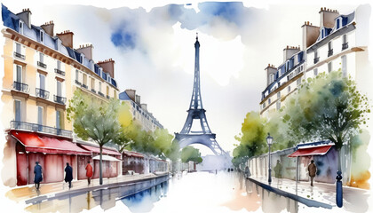 Watercolor illustration of a serene Parisian street scene with the Eiffel Tower in the background, ideal for travel and Bastille Day concepts