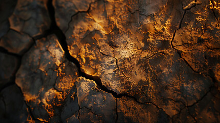 Dramatic texture of cracked earth with sunlight highlights