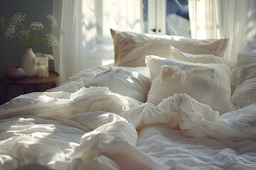 Sunlight streaming in on a messy bed with white bedding and pillows. Concept Sunlight, Bedroom, Messy, White Bedding, Pillows