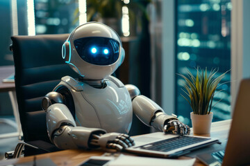 Futuristic robot working at a modern office desk