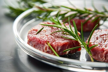 Artificial synthetic lab-grown meat in a petri dish as an alternative to traditional meat. Concept Lab-Grown Meat, Alternative Protein Source, Cultivated Meat, Sustainable Food, Future of Food
