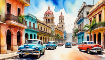 Fototapeta premium Colorful vintage cars on a sunny street in Havana with historic buildings, embodying the spirit of Cuban culture and tourism, suitable for travel and cultural themes