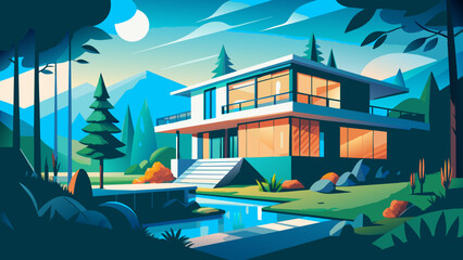 landscape with houses. Modern houses in the forest: vector graphics.Forest landscape: Art Nouveau houses. Two-storey houses. Against the background of mountains and nature. Eco-friendly houses. 