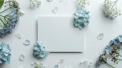 Mockup of an invitation card adorned with hydrangea and gypsophila flower decorations