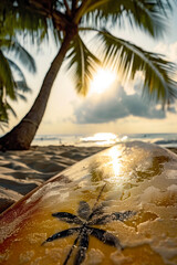 Palm tree and surfboard on the beach